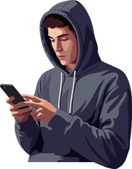 Young Man Wearing Gray Hoodie Texting on Smartphone Pixel Art Style