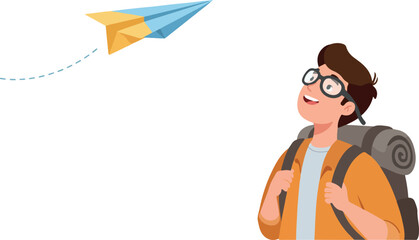 Young Man With Glasses Backpack Launches Paper Airplane