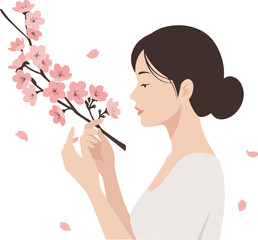 Young Woman Enjoying Pink Cherry Blossoms Gentle Breeze Vector