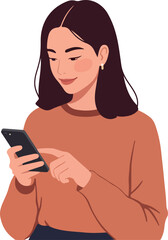 Young Woman Browsing Smartphone Wearing Orange Sweater Isolated