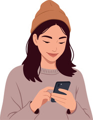 Young Woman In Beanie And Sweater Texting On Phone