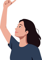 Young Woman Pointing Up with Dark Hair and Blue Shirt Minimalist