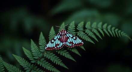 Colorful moth perched on a vibrant green fern leaf in nature.