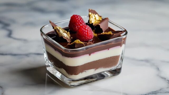 Sweet chocolate cake with fresh raspberry on gray background