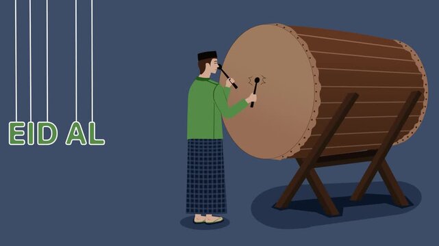 Eid al-Fitr Mubarak. Beating the drum or bedug to proclaim the Takbir on Eid day