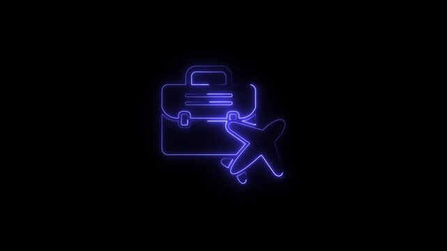 Neon blue suitcase and airplane icon on black background travel business travel