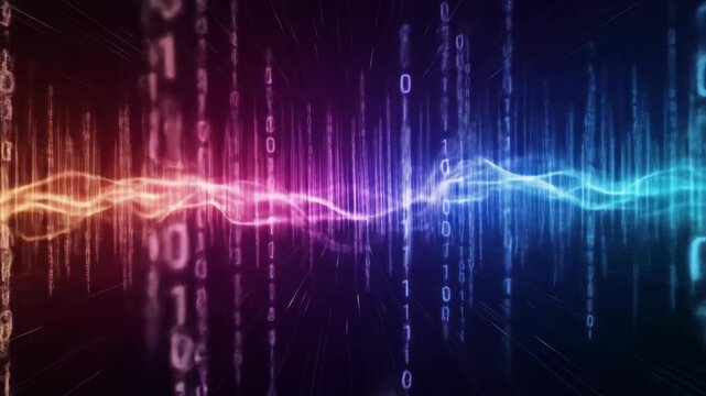 Abstract digital background with binary code, waves, and light trails. Data stream with technology concept. - Powered by Adobe