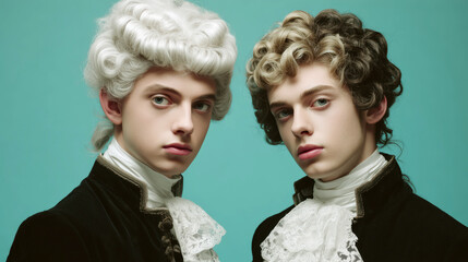 Two young men in rococo-inspired outfits with contrasting hairstyles, platinum and dark curls, posing dramatically, artistic fashion and identity concept