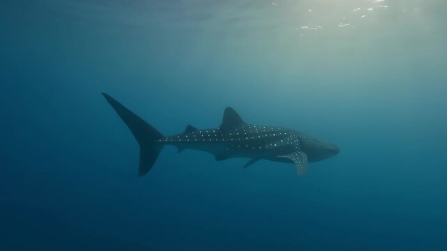 sharks in the sea. Whale shark silhouette shimmering in the ocean