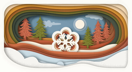 A beautiful winter landscape made with layered paper art, featuring a prominent snowflake, trees, and the moon.