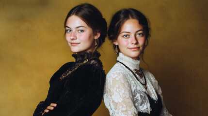 Two young Victorian women posing gracefully in dark velvet and white lace dresses against golden background, friendship and vintage elegance concept
