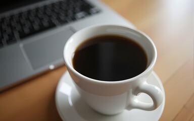 Work environment at home. Laptop with an empty cup of coffee. Stop work. High quality