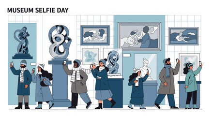 A diverse group of visitors in a modern art gallery celebrating Museum Selfie Day by taking photos with their smartphones.