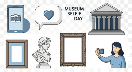 Museum Selfie Day icon set with a person, smartphone, art frame, classical building, and sculpture.
