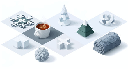 Isometric winter holiday collection with hot chocolate, stylized trees, and snowflakes on a grid.