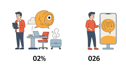 Conceptual illustration of a man using technology, comparing a desk setup to a large smartphone for digital communication.