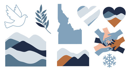 A collection of modern flat icons representing peace, unity, nature, and the state of Idaho.