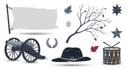 A collection of American Civil War vector icons including a cannon, flag, hat, and drum.