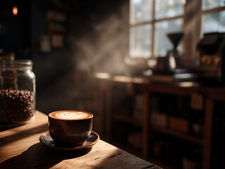 Specialty coffee latte with latte art in cozy coffee shop with morning light