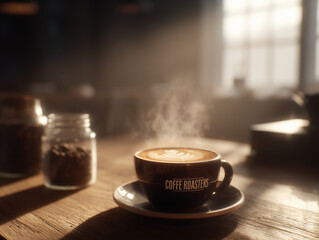 Specialty coffee latte with latte art in cozy coffee shop with morning light