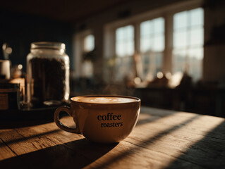 Specialty coffee latte with latte art in cozy coffee shop with morning light