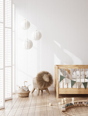 Mock up frame in children room, light cozy interior with wooden crib, 3D render