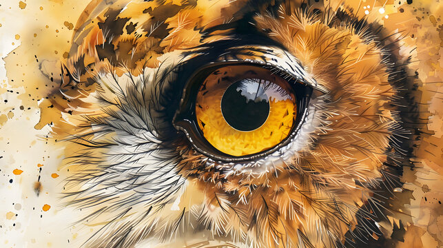 close-up watercolor owl eye detail golden tone