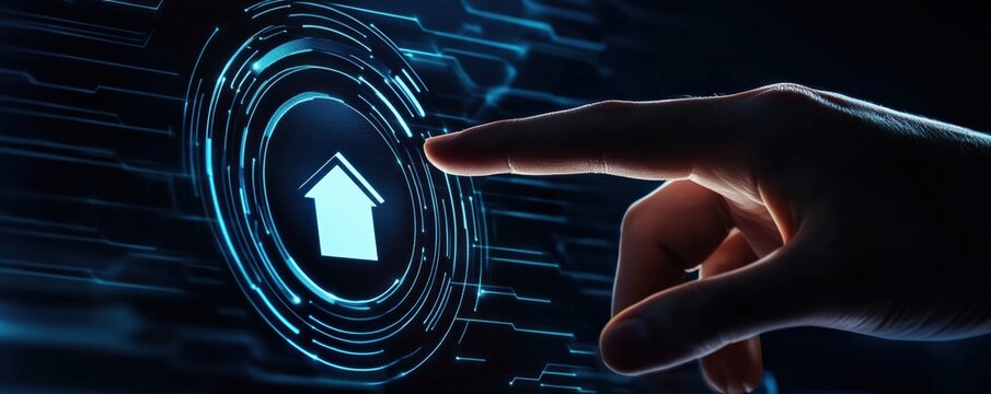 Hand pressing a glowing home icon on a futuristic touch screen with digital circular elements, representing smart house technology