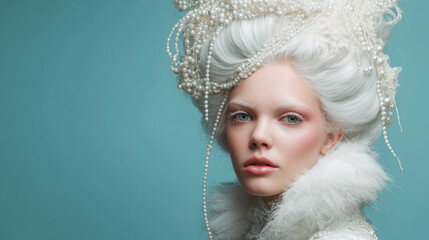 Woman with Marie Antoinette-inspired hairstyle adorned with pearls and lace, turquoise background, classic beauty and historical elegance concept, place for text, copy space