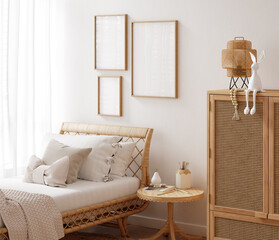 Poster frame mockup in beautiful nursery with rattan furniture, soft toys and swings, Scandi-Boho children room interior, 3d render