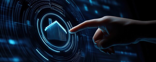 Hand engaging a futuristic digital interface, interacting with a house icon for smart home automation and technology concepts