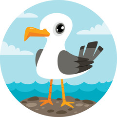 Cartoon Seagull Standing On Rocky Shoreline With Ocean And Sky In The Background Simple Flat Design