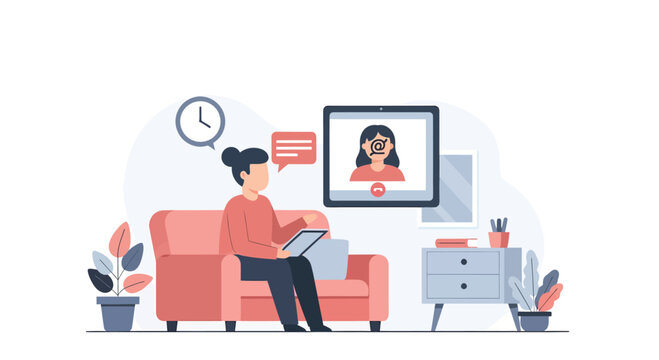 Woman is having a video call with her therapist at home, discussing her mental health in a modern and comfortable setting, promoting wellbeing.