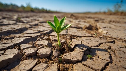 Green Seedling Growing on Dry Cracked Soil as a Symbol of Hope and Resilience