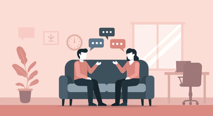 Two people are having a conversation on a couch in a living room, discussing ideas and sharing thoughts in a calm and collaborative atmosphere.