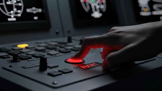 Close up of hand pressing red Abort button on dashboard control panel, technology.