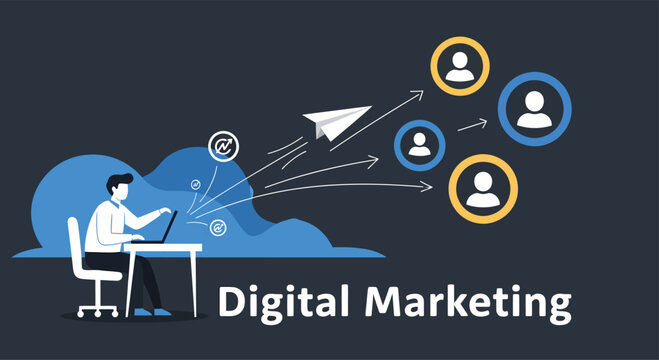 Person working on laptop sends paper airplane to connect with customers in digital marketing campaign, showcasing modern business strategy. - Powered by Adobe