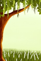 Illustration of a background scene with willow trees and green reeds with beautiful flowers. 