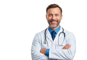 Fototapeta premium Smiling doctor with stethoscope arms crossed isolated on transparent background