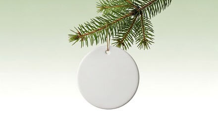 Blank white ceramic ornament hangs from a pine branch against a soft green backdrop, ready for holiday personalization and festive cheer.