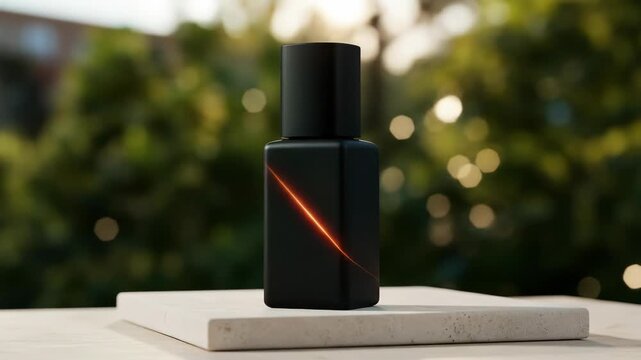 Black bottle with an orange light streak, perfume on nature background outdoor.