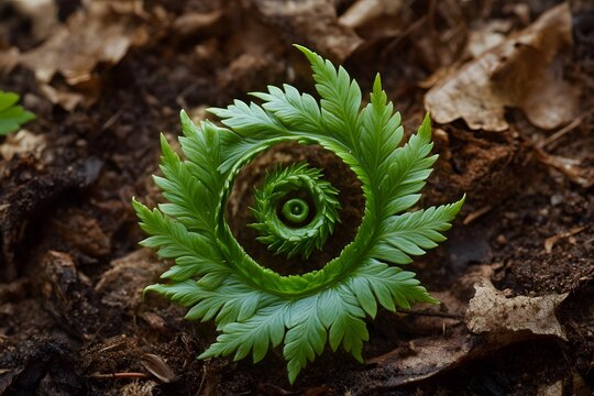 A fresh green fern leaf curled into a spiral emerging from the forest floor 
