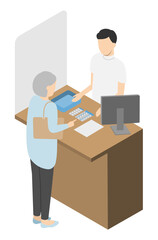 カウンターで高齢者に服薬指導をする薬剤師の男性3