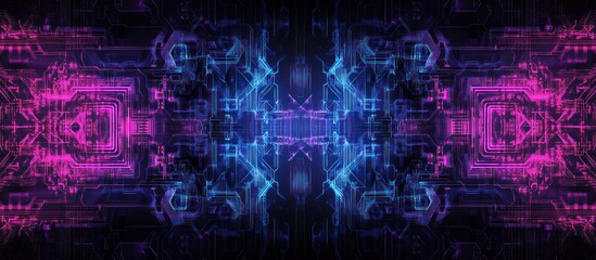 Obraz premium Futuristic Digital Circuitry Background with Glowing Neon Blue and Pink Lines and Abstract Geometric Data Flow Pattern