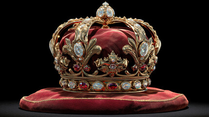 Golden crown with gemstones placed on red velvet cushion, symbol of royalty, leadership and luxury heritage concept