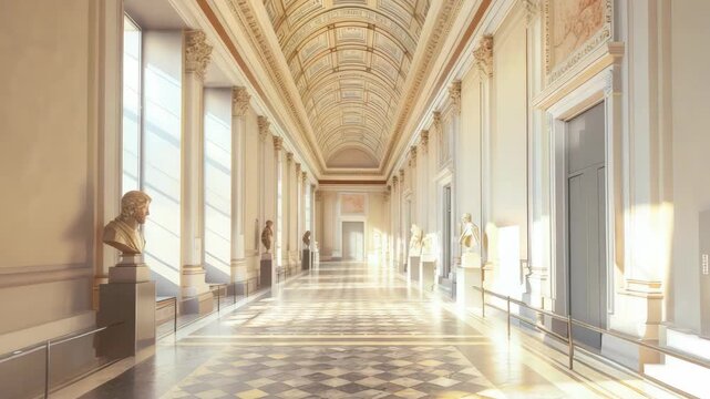Sunlit grand hallway in museum featuring classical sculptures and architectural details