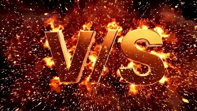 Versus v/s golden 3d text explosion with powerful orange lightning bolts and sparks, symbolizing intense competition, challenge, conflict, and a decisive clash of forces.