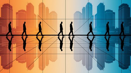 Silhouettes of people moving in a business district.