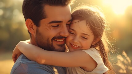 Obraz premium Happy Father and Daughter Hugging in Golden Hour Sunlight