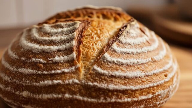 Close-up of freshly baked crusty loaf of sourdough bread with flour, food concept, homemade bread, bread background, fresh bread.